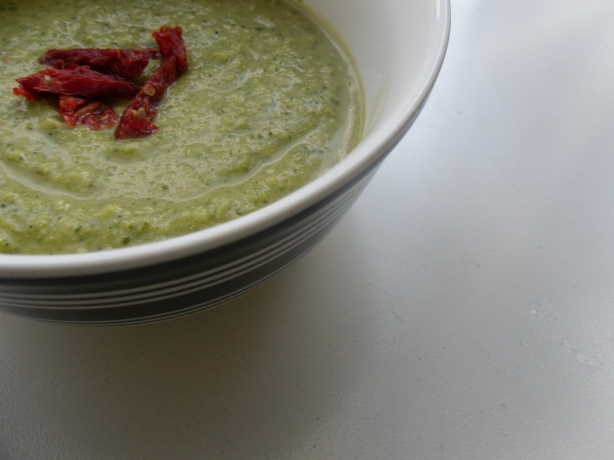 Broccoli & Chickpea Soup topped with sun-dried tomatoes